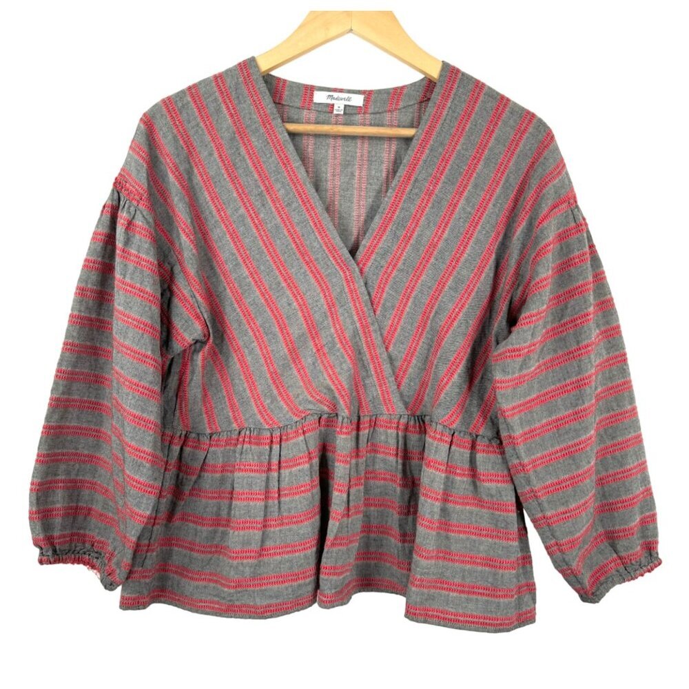 Madewell Striped Bubble-Sleeve Peplum Top sz M
